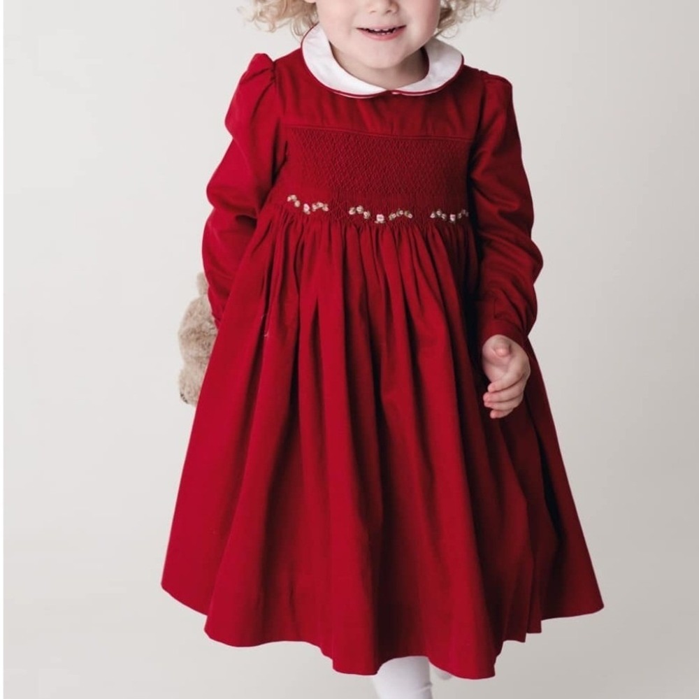Annafie London Red Corduroy Smocked Floral Dress 24M Peter Pan Collar Holiday‎